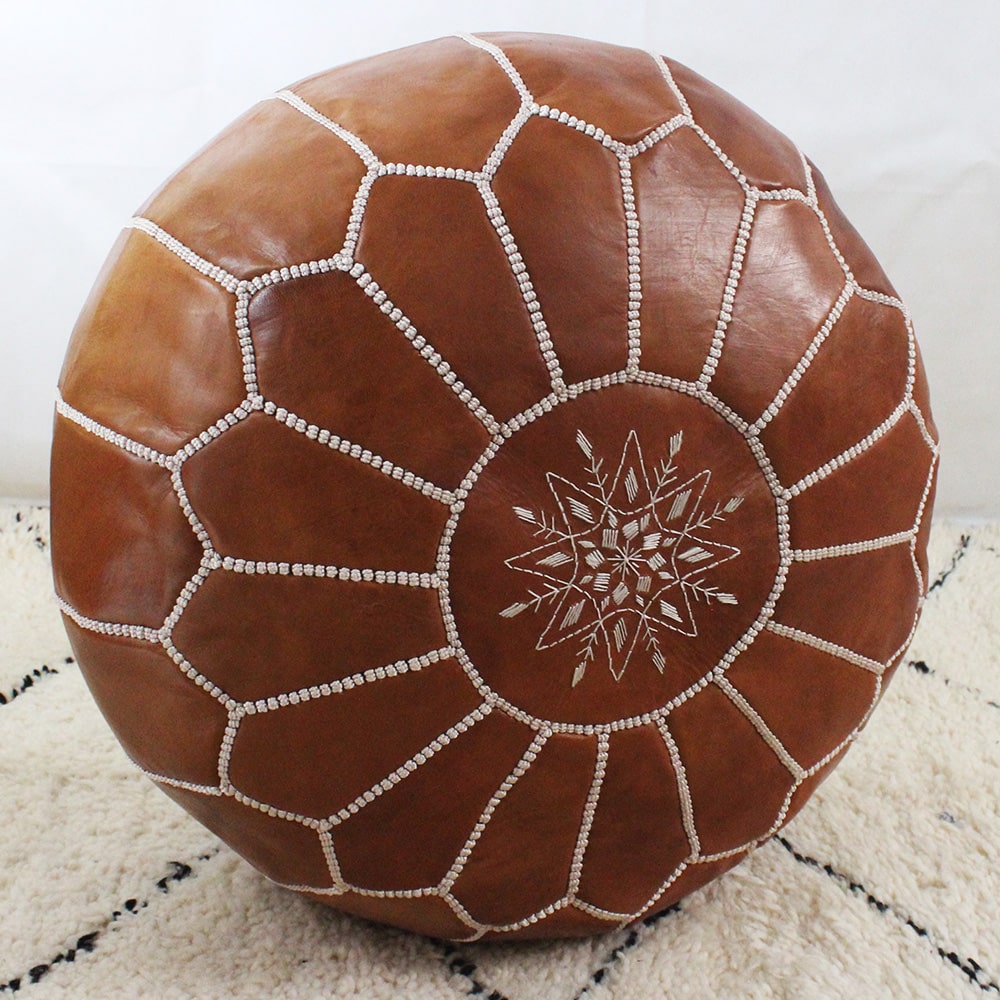 Pouf Marrakech cuir brodé marron