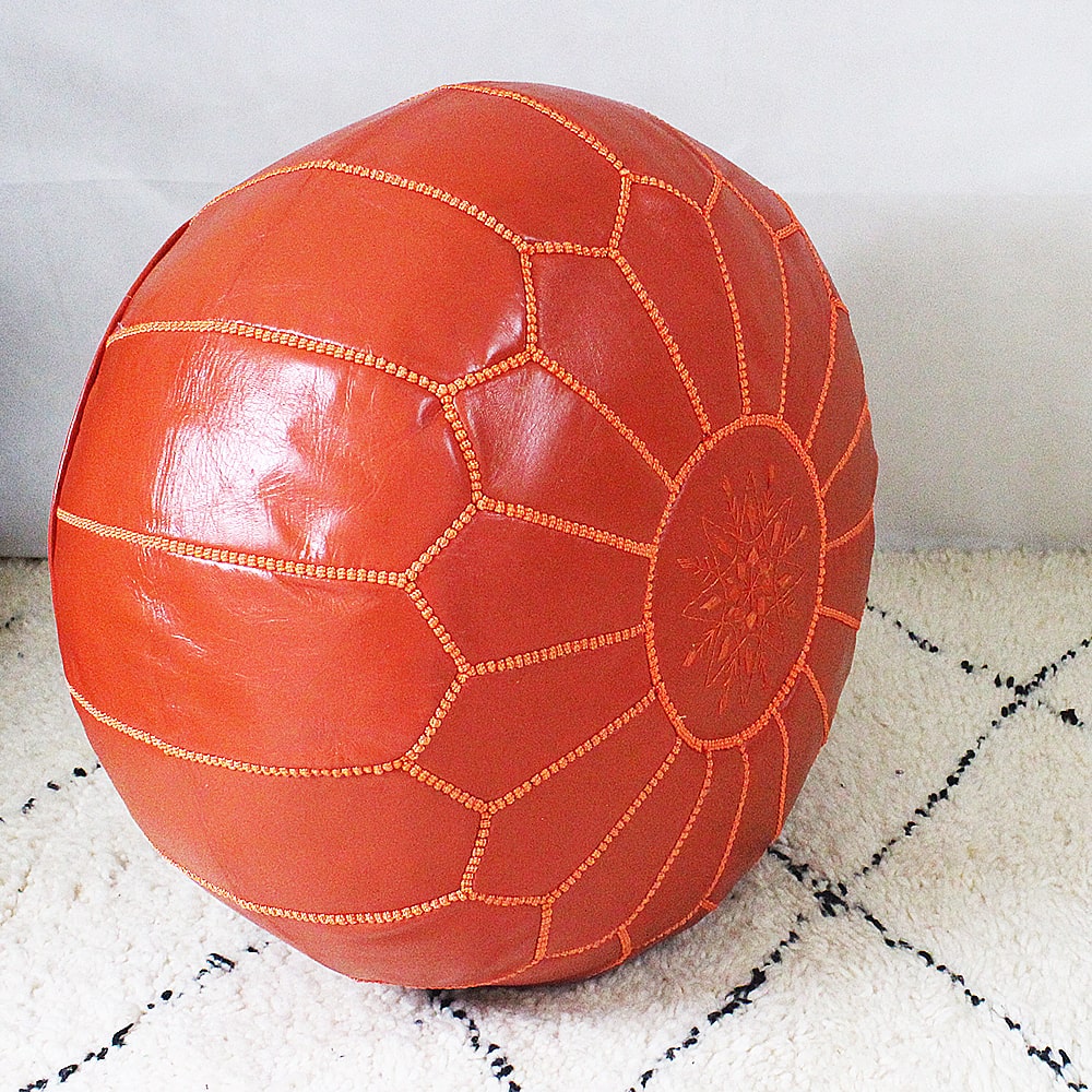 Pouf Marrakech cuir Orange brodé