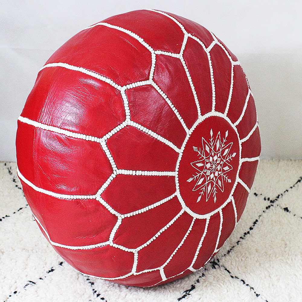 Pouf Marrakech cuir brodé rouge
