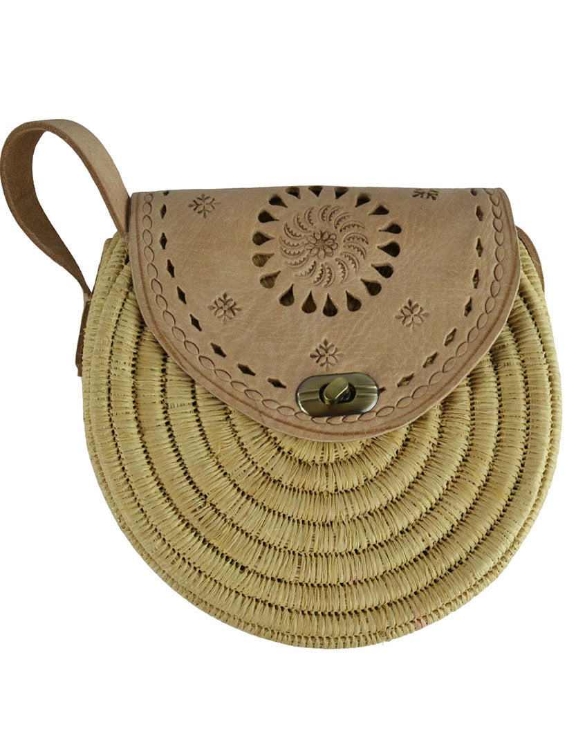 Sac bandoulière rond en cuir et osier