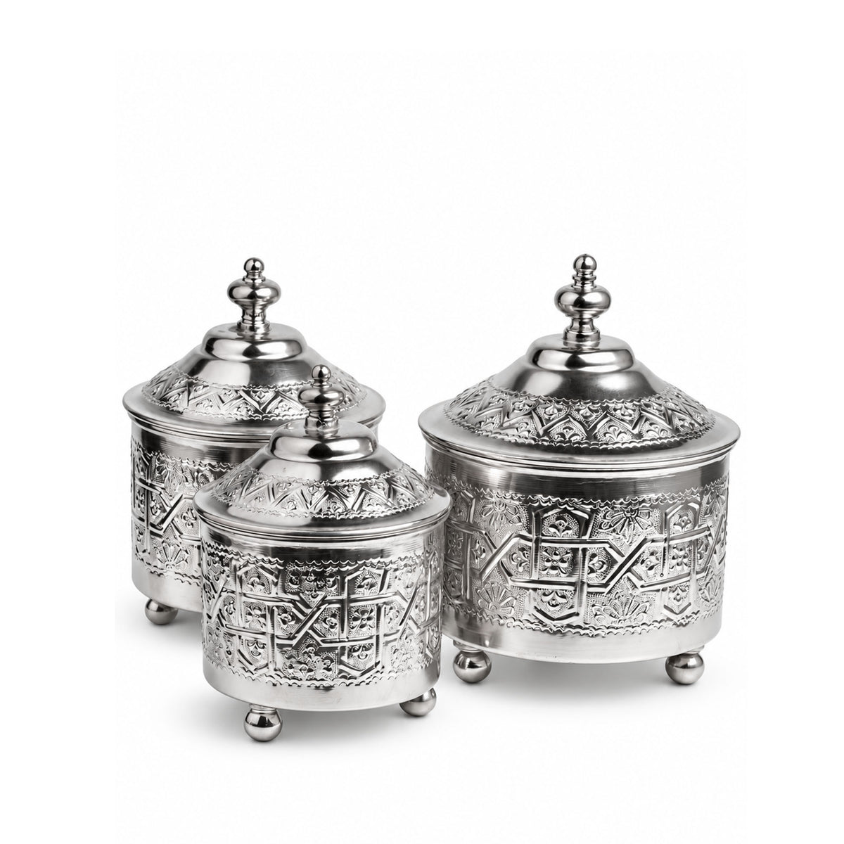 Set de 3 Bonbonnières en cuivre Argenté Ciselé