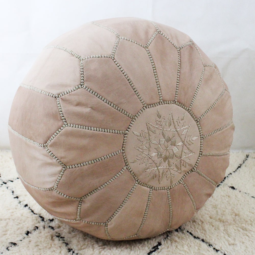 Marrakech embroidered natural leather pouf