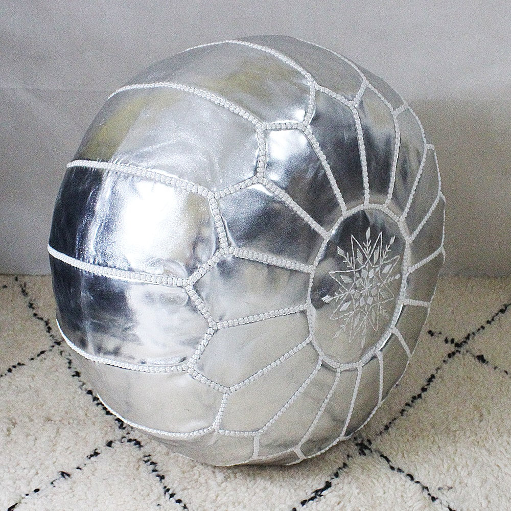 Embroidered silver faux leather pouf