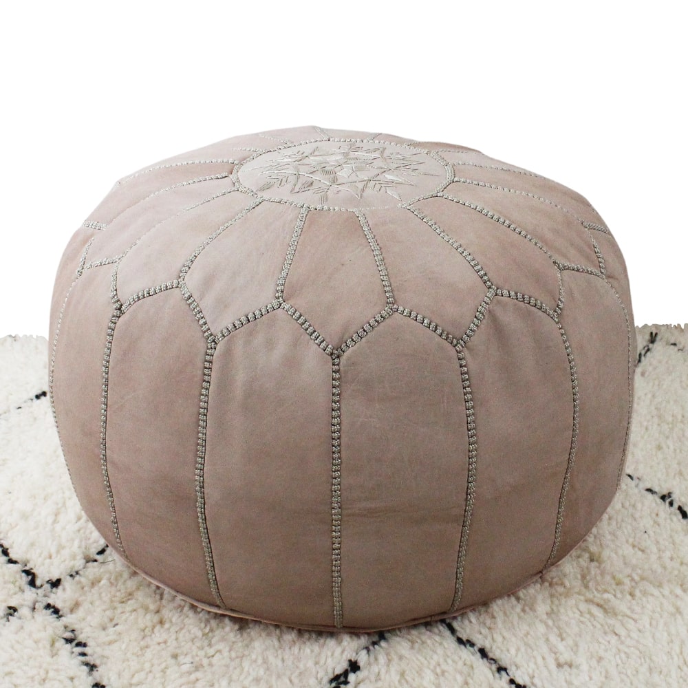 Pouf Marrakech cuir naturel brodé