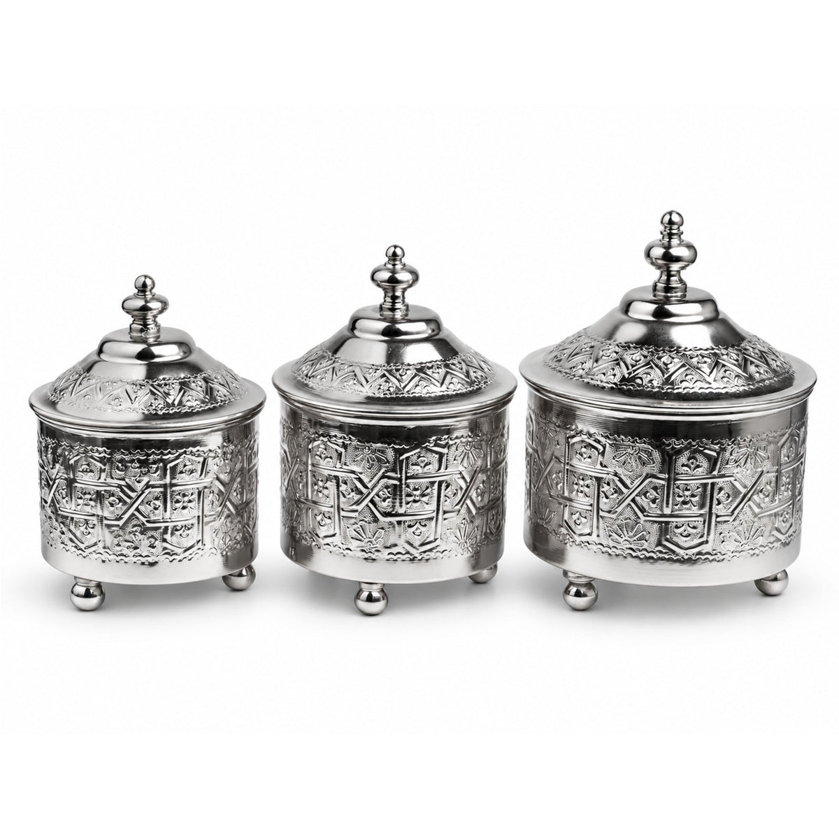 Set de 3 Bonbonnières en cuivre Argenté Ciselé