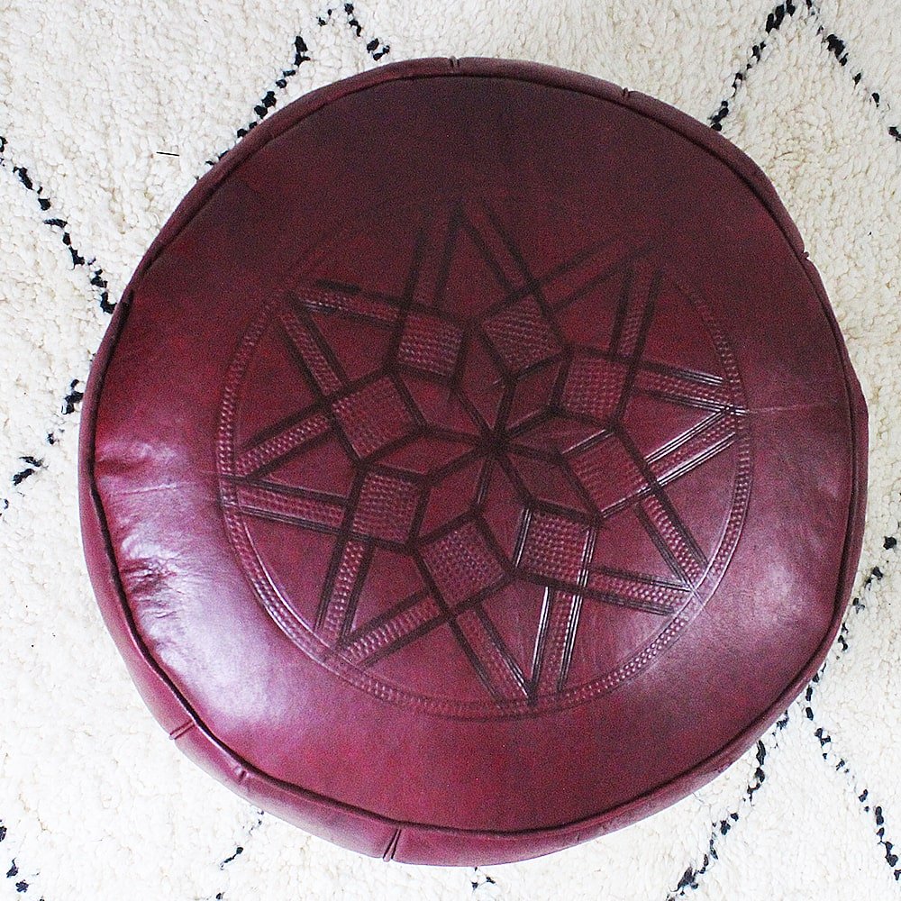 Pouf Fès classique cuir rouge carmin