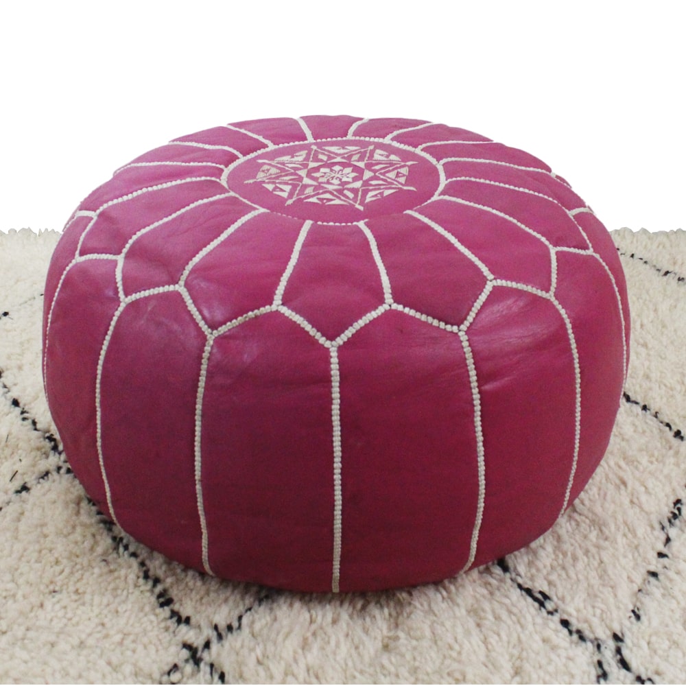 Pouf Marrakech cuir brodé fuchsia