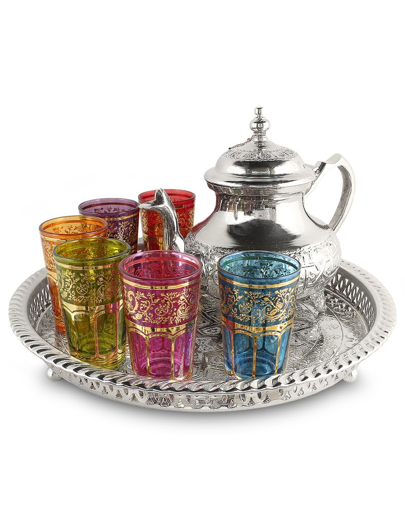 Service à thé marocain de luxe - 6 verres et soucoupes à thé marocain -  Véritable Dorure faite à la main - Verre de 100 ml